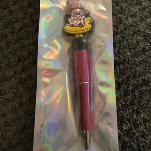 handcrafted Pink Glitter Retractable Pen with Cow Rubber Charm